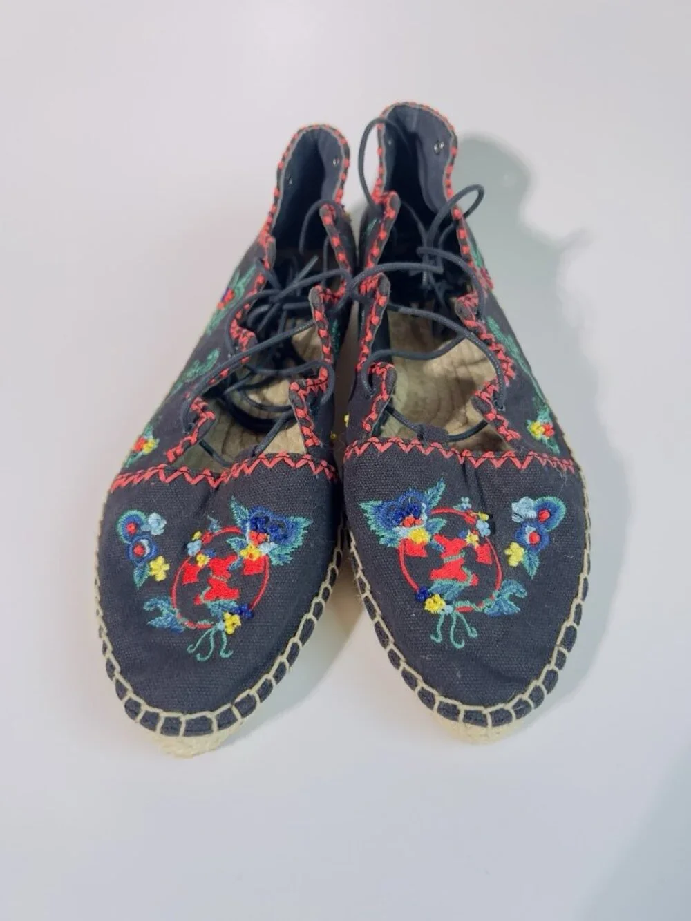 Tory Burch Fleming Embroidered Lace-Up Espadrilles Canvas Floral Size 8